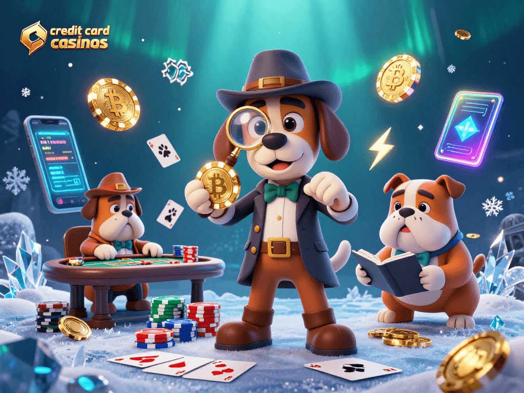 Credit card casinos reveal poker strategies with detective dog examining clues and vibrant game elements.