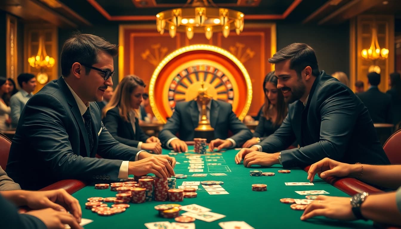 Players enjoying a thrilling poker game in a luxurious casino atmosphere with k9k9 excitement.
