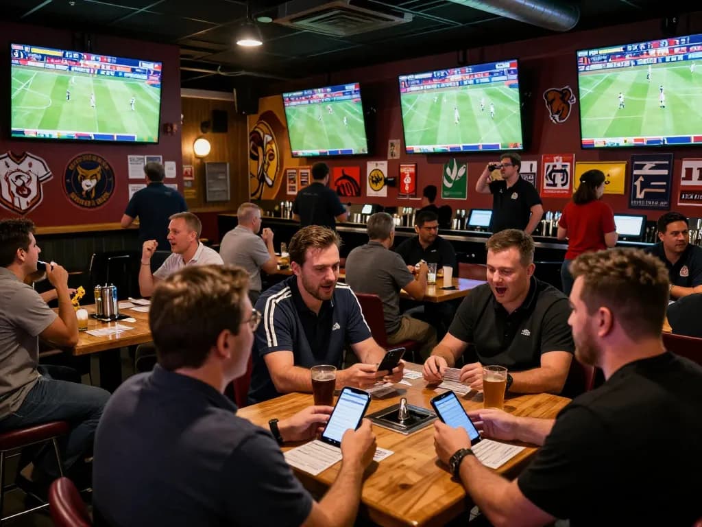 Engaged sports bettors tracking live odds at https://keotructuyen.com.mx/ during an exciting match at a lively sports bar.