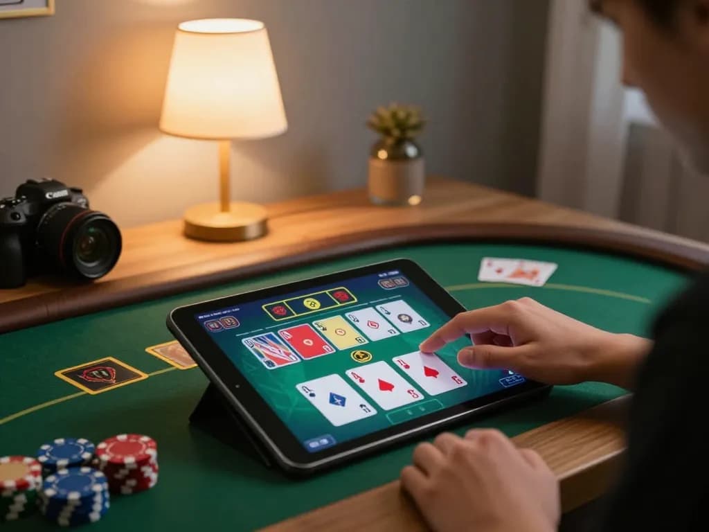 Player engaging in strategic gameplay on SC88 casino app tablet, showcasing live poker game interface.