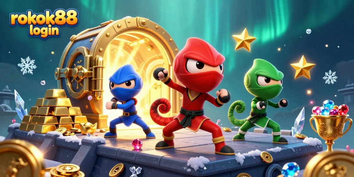 Experience vibrant gameplay at rokok88 login with dynamic chameleon ninjas amidst a treasure-filled scene.
