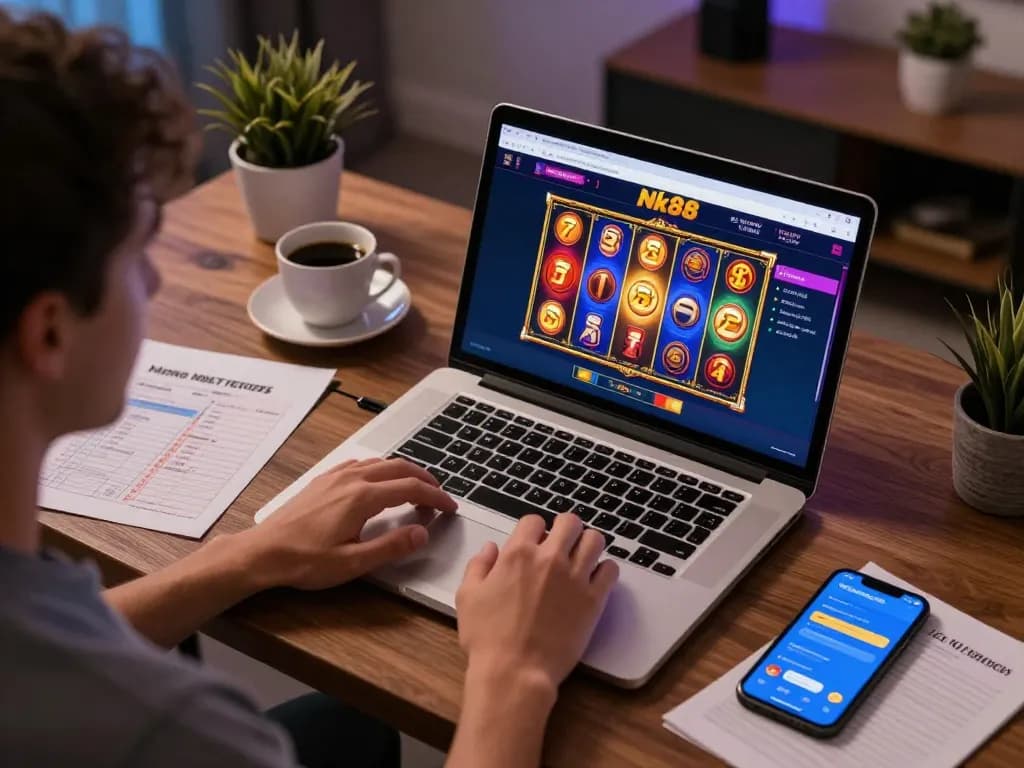 Engaged player experiencing Nk88's online casino slot games on a stylish laptop at home.