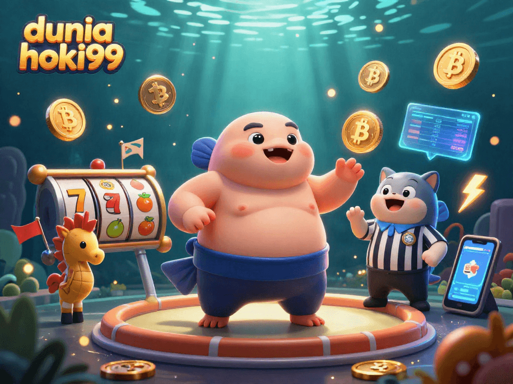 Menggambar dunia hoki99 di kasino dengan ikan fugu, wasit ikan lele, dan simbol slot bertaburan.