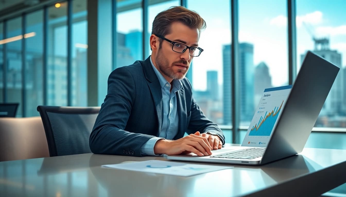 Analyze competitive intelligence FAQs with a professional business analyst at a modern desk.