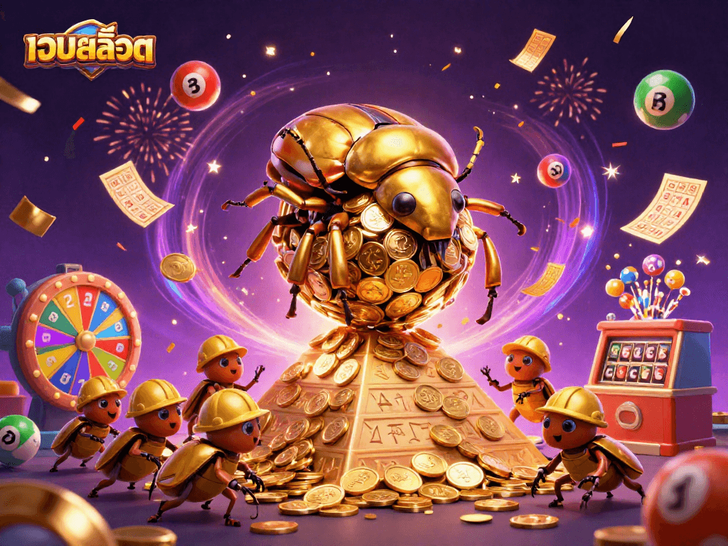 Engage with เว็บสล็อต in a vibrant scene of a golden dung beetle rolling coins amidst jubilant celebrations and games.