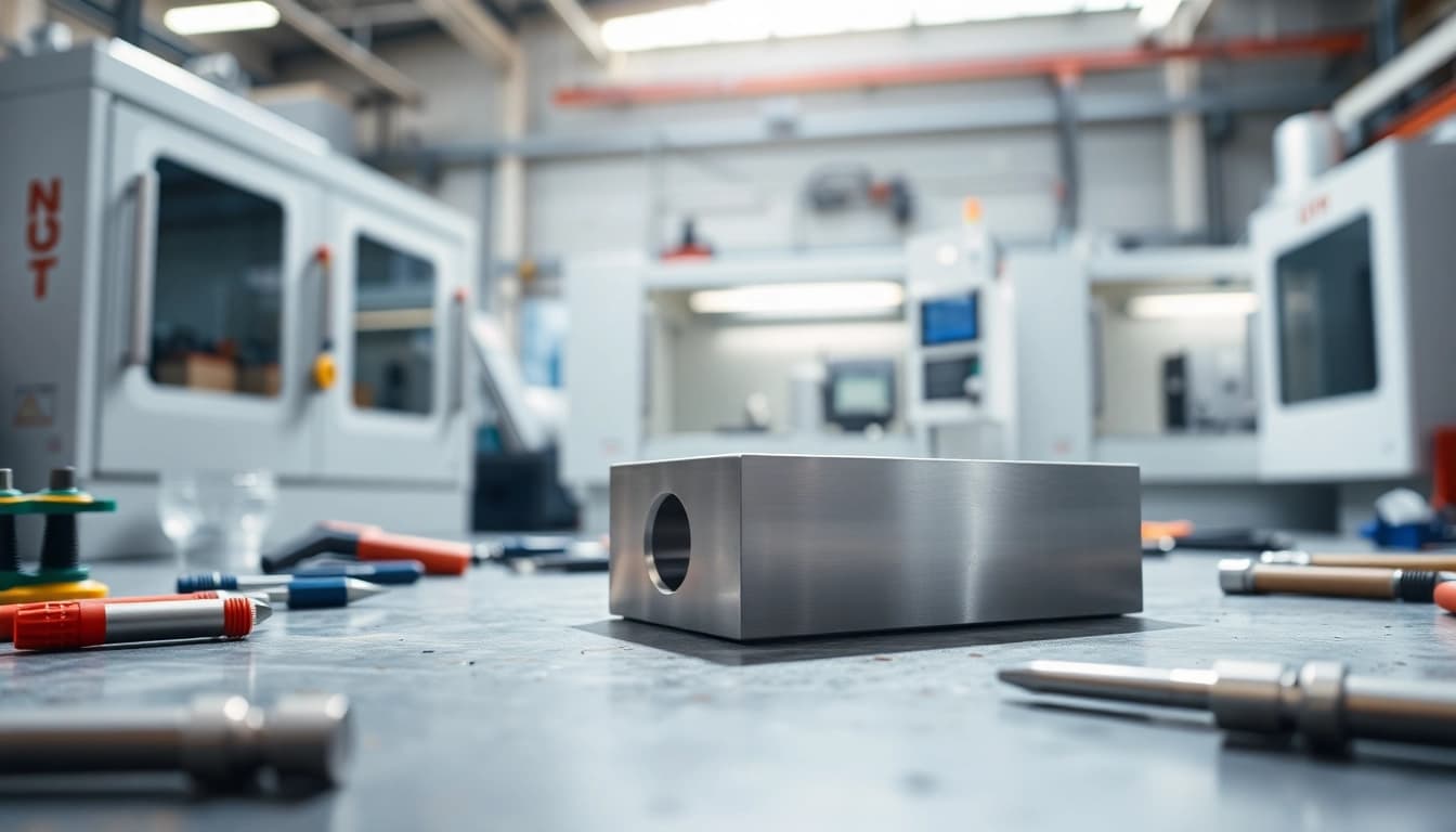 Showcasing aluminum prototypes on a workbench with advanced machining tools in a vibrant manufacturing setting.