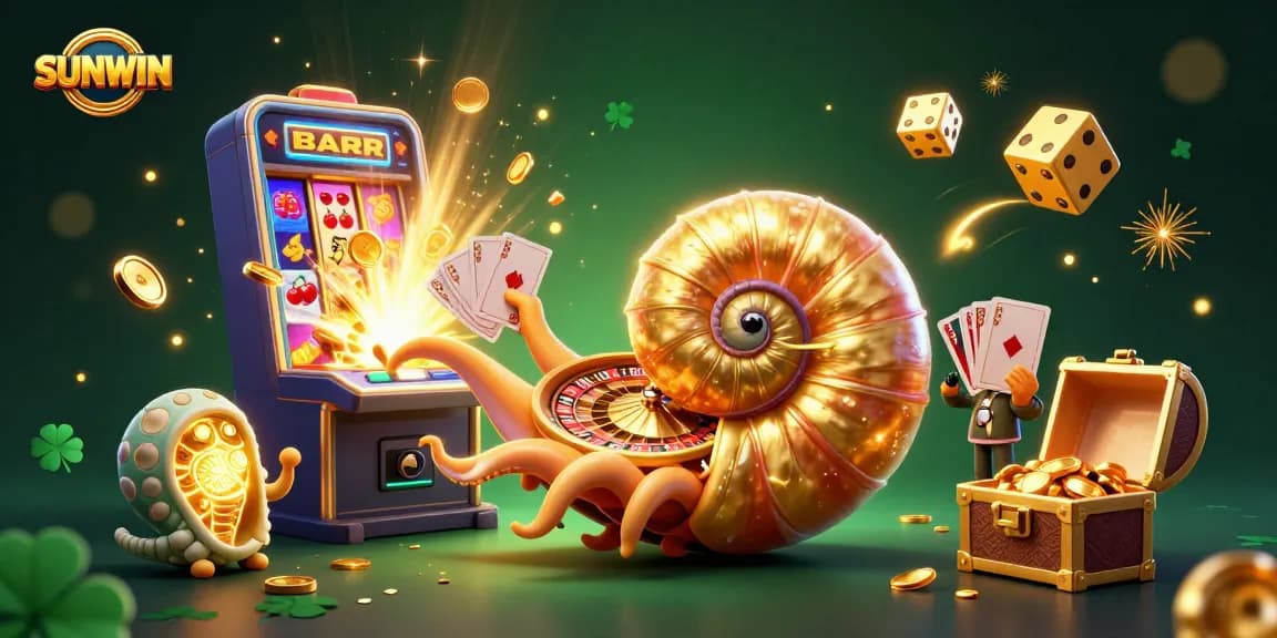 SUNWIN offers engaging casino experiences with a giant nautilus, glowing ammonites, and slot machines.