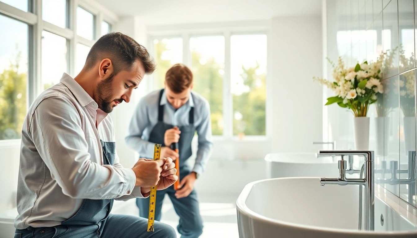 Technicians from sonni sanitär GmbH installing fixtures in a stylish bathroom.