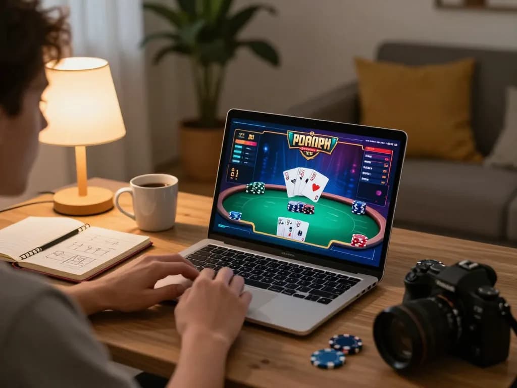 Engaging in poker on a laptop at home, representing okwin's online gaming experience.