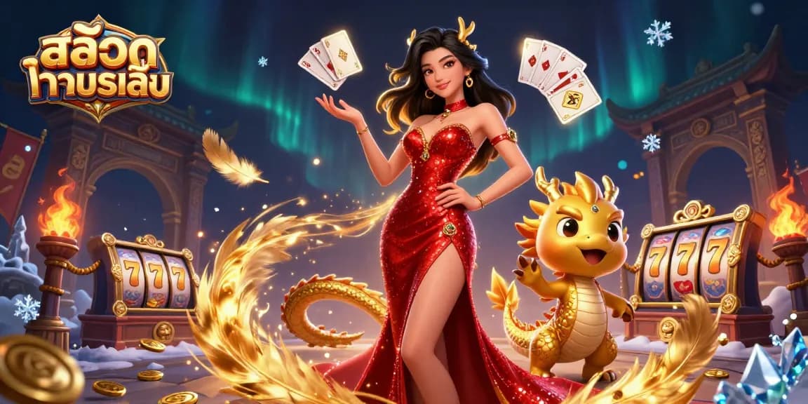 Experience สล็อตทดลองเล่น with captivating visuals of a confident woman, golden dragon, and slot elements.