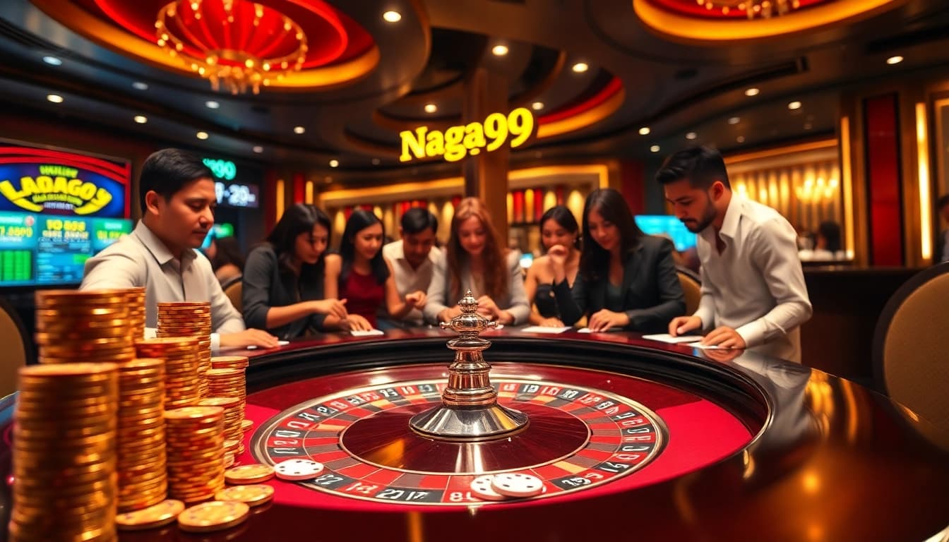 Naga99 players celebrating their win at a lavish casino table with vibrant chips and cards