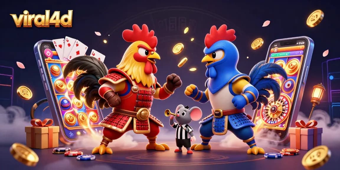 Engage with viral4d as fighting roosters clash in a vibrant casino-themed showdown amidst slots and gold.