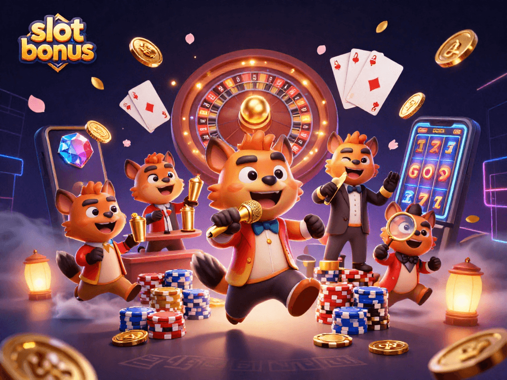 Experience the excitement of the slot bonus promotion in a vibrant casino scene featuring lively hyenas.