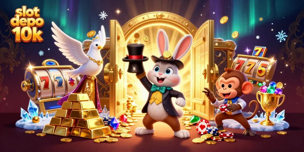 Spin and win with slot depo 10k showcasing a magician rabbit and treasure-filled vault.
