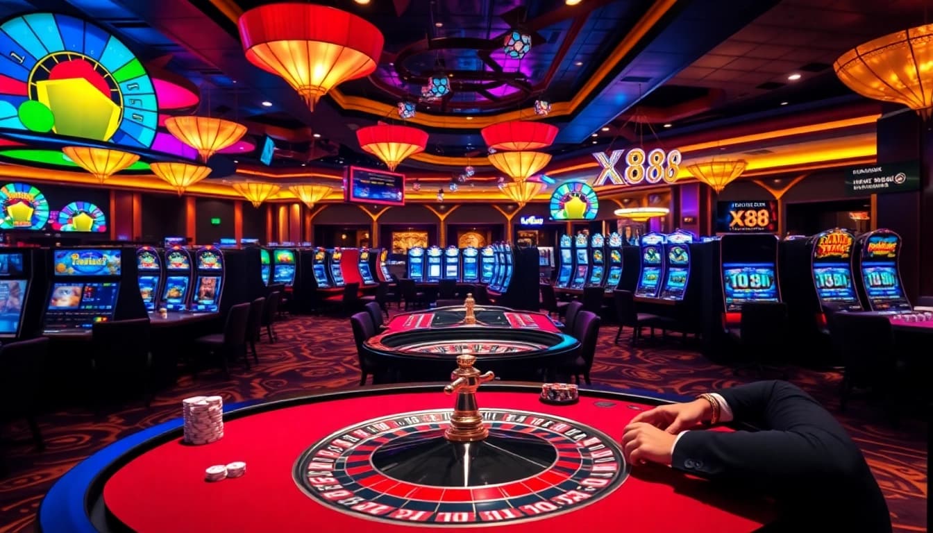 Experience the excitement of XX88 with lively casino tables and vibrant gaming decor.