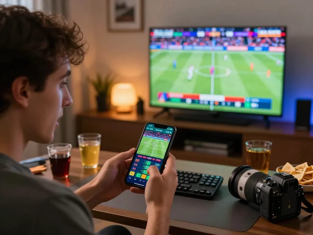 BL555 user engaged in live sports betting on smartphone with dynamic display and strategic environment