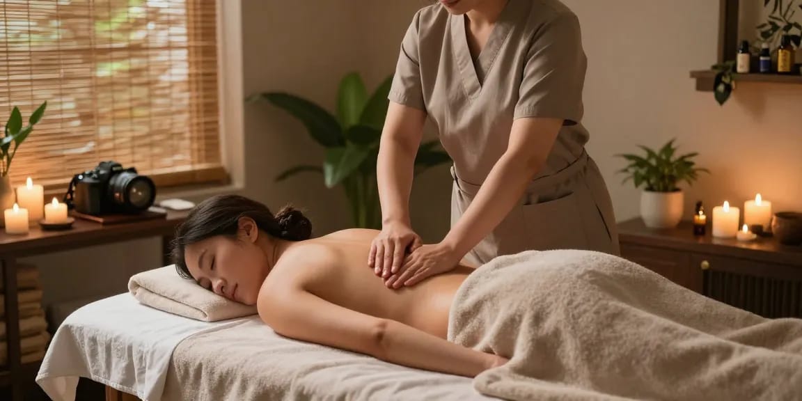 마사지 테라피 공간에서 스웨디시 마사지 받고 있는 모습과 아로마 촛불, 부드러운 수건이 배치된 편안한 환경