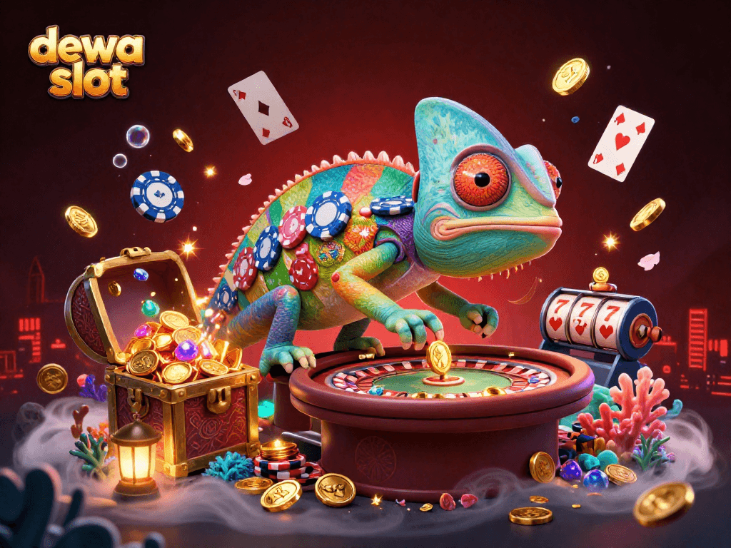 Menyaksikan slot dengan dewa slot, chameleon kasino berwarna mencolok dan harta karun di laut.