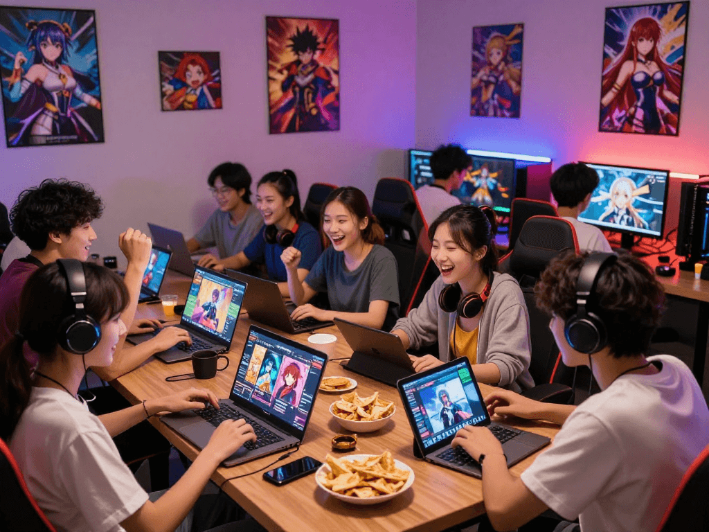 Engaging group of friends playing hentai games online in a vibrant gaming lounge.