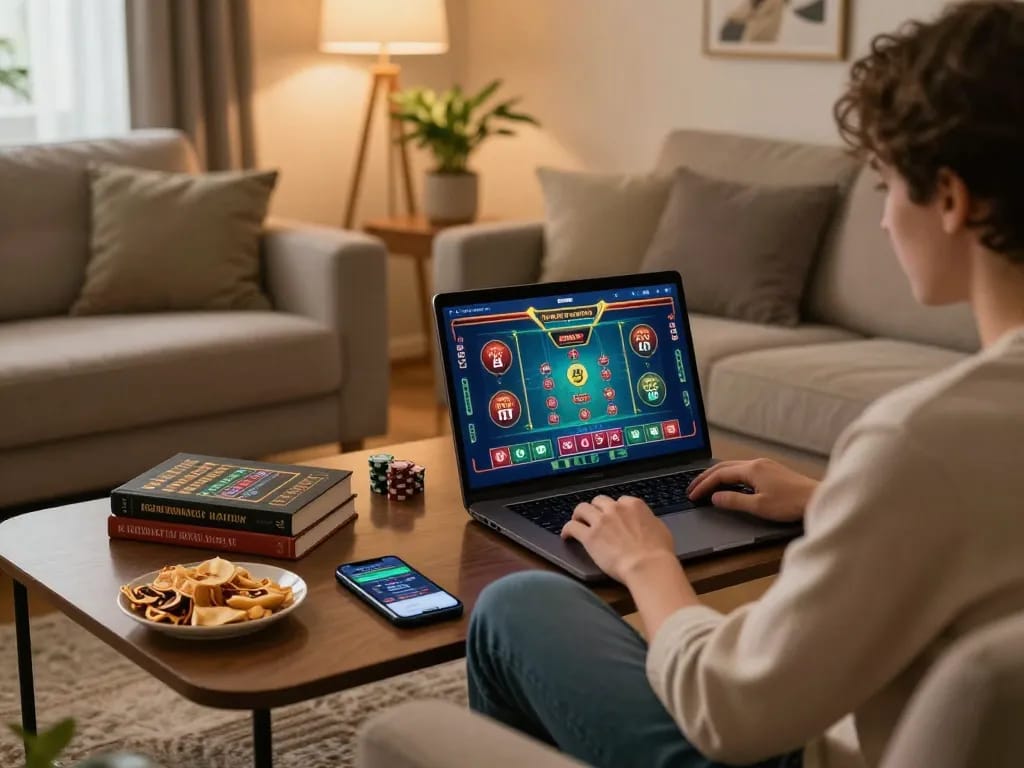 Engaging online casino gaming experience at home with five88, featuring a laptop and strategy books.