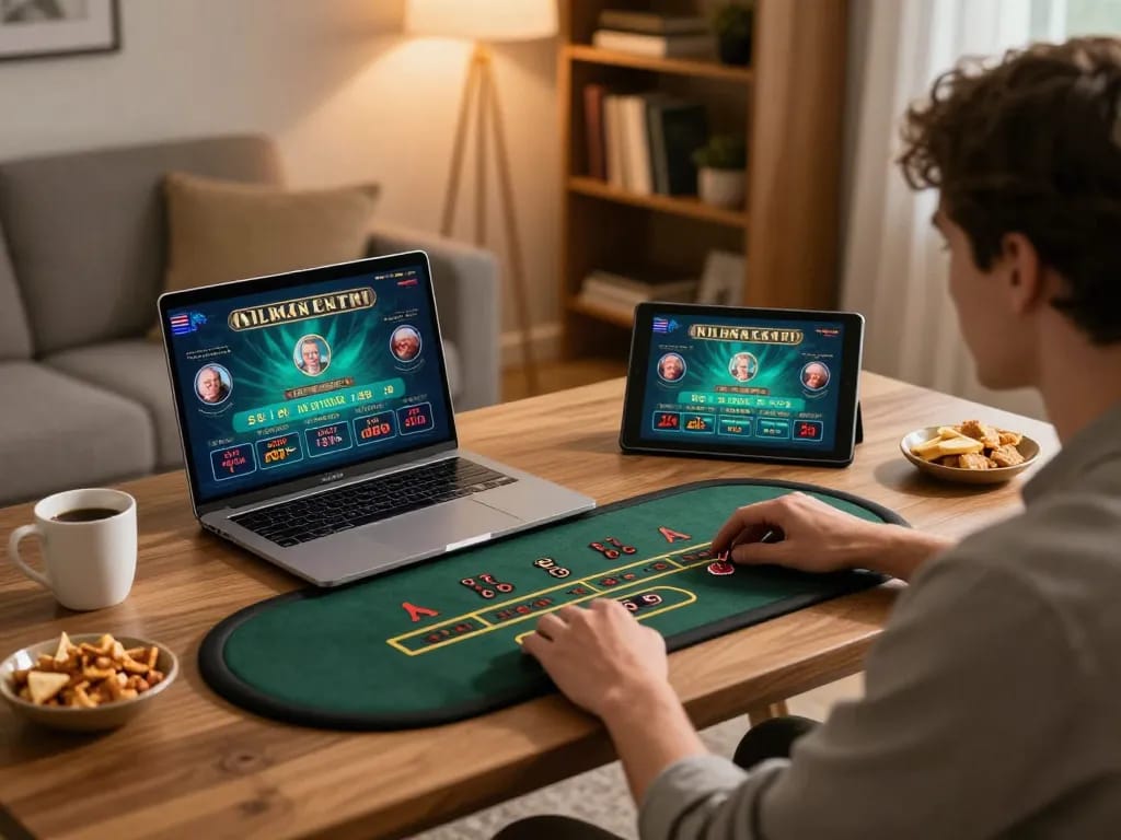 Rút Tiền cm88 process in action, showcasing a player using laptop for online casino gaming, adding a personal touch and strategic atmosphere
