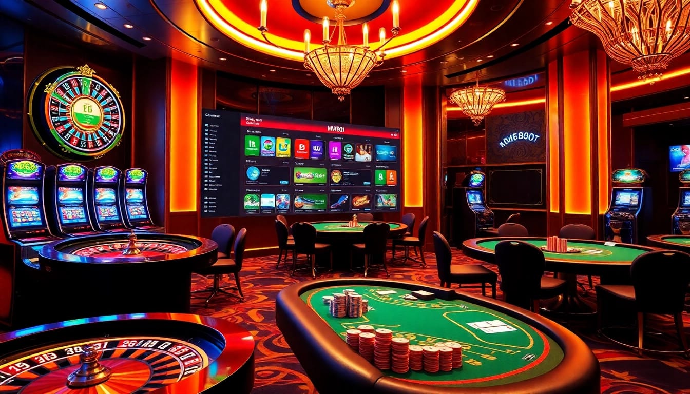 A dynamic casino scene featuring mm88.br.com with poker tables, roulette wheels, and vibrant slot machines.