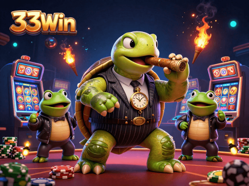 Spin and win with 33Win in a vibrant casino scene featuring a snapping turtle and frog enforcers.