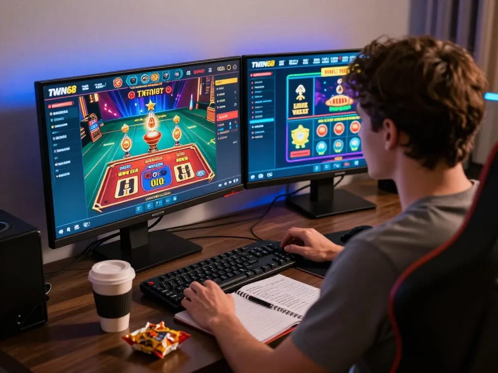 TWIN68 player engaged in online gaming with vibrant dual screens displaying exciting casino action