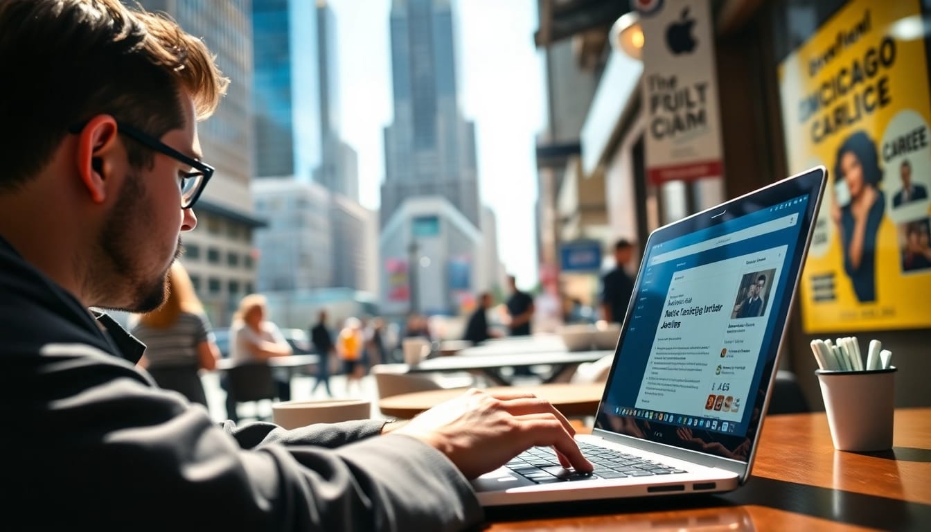 Look for Chicago jobs opportunities while working on a laptop in a coffee shop ambiance.