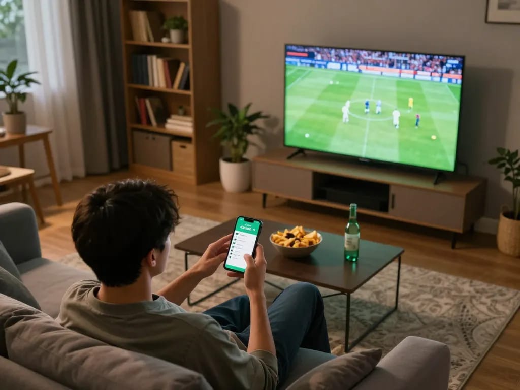 A person enjoying Cakhia TV sports betting app while watching football on TV.