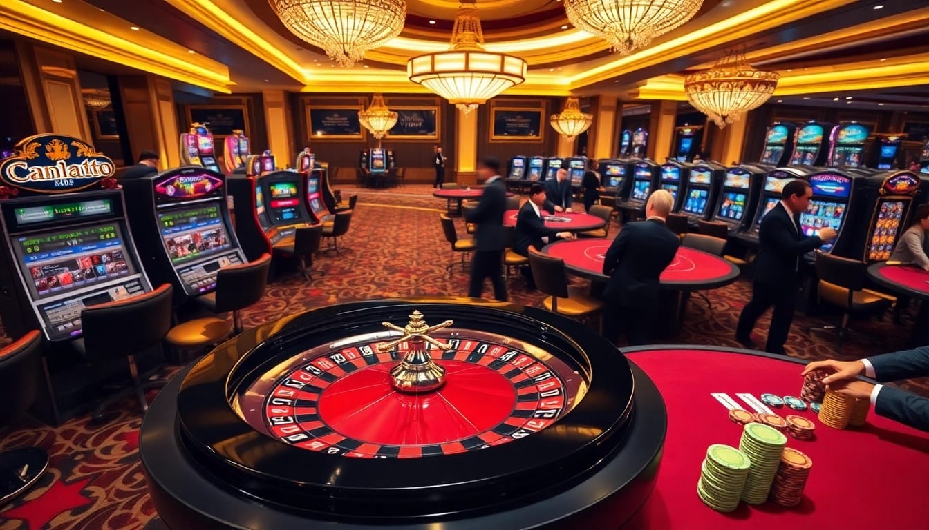 Scène captivante d'un casino en ligne avec des joueurs pariant et des machines à sous vibrantes.