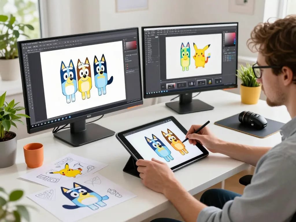 Graphic designer creating colorful SVG files for tumblers in vibrant workspace