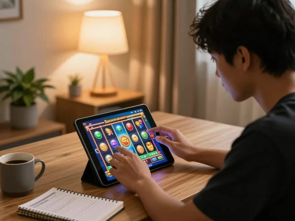 Engaging in slot gacor jepang gaming on tablet in a cozy home setting