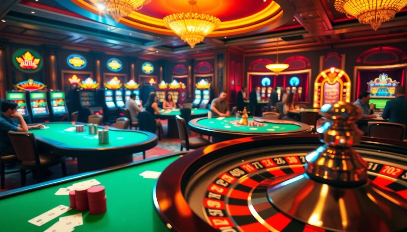 Experience the excitement of Okfun Casino with vibrant poker tables and thrilling roulette wheels.