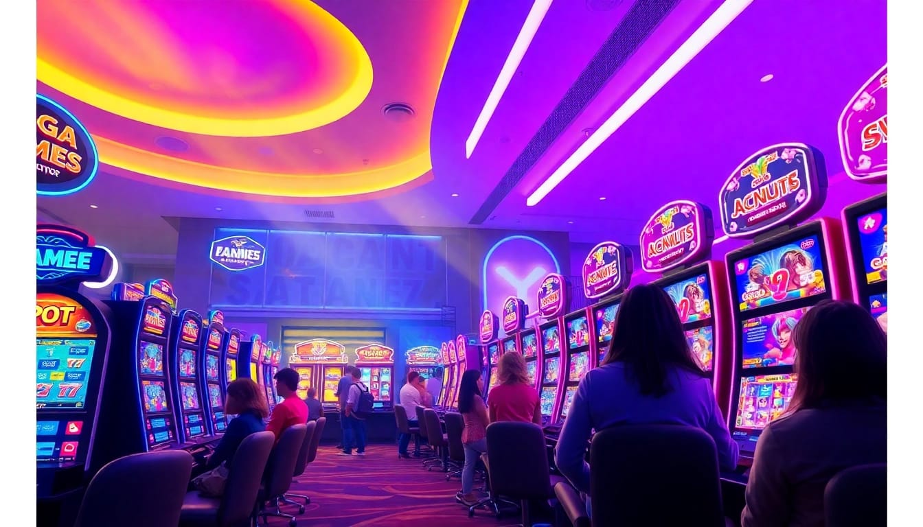 LAGAGAME77 gaming scene showcasing vibrant slot machines and excited players.