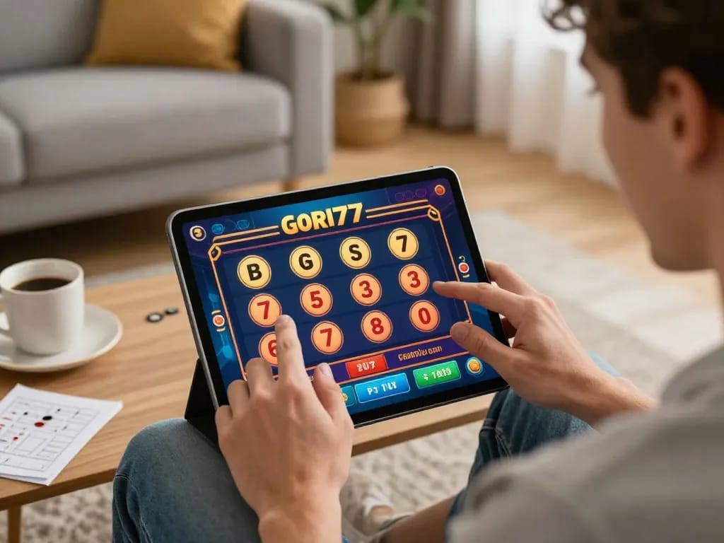 Player engaging with gori77 online casino game on tablet at home, showcasing exciting gameplay.
