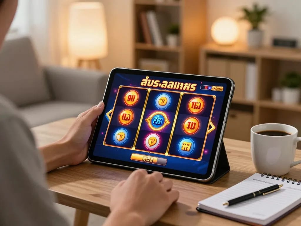 Engaging in online slot games with สล็อตวอเลท on a tablet in a cozy living room.