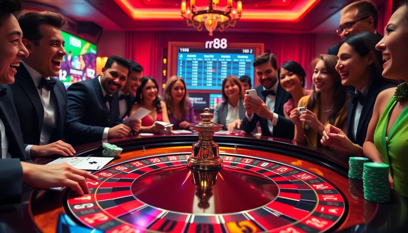 Experience the excitement of rr88 with vibrant casino games, players betting, and roulette tables in action.