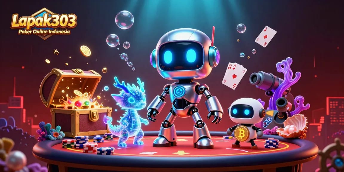 Experience thrills with Lapak303 Poker Online Indonesia, featuring a vibrant 3D casino scene.