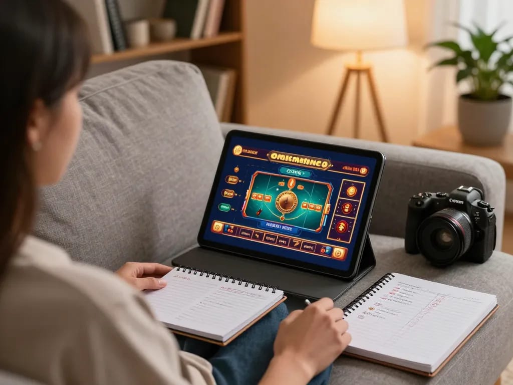 Player enjoying xx88 casino games on a tablet in a cozy home setting, combining strategy and comfort