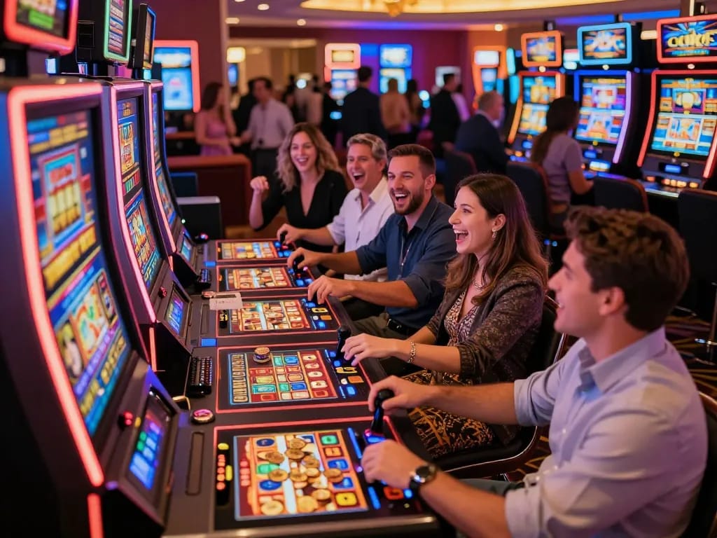 Players celebrating slot gacor wins at a vibrant casino machine area with colorful lights and joyful atmosphere.