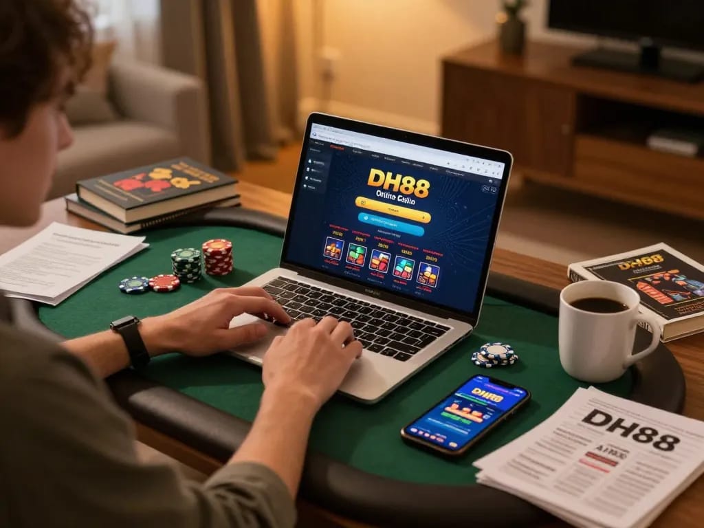 Engaged player using the DH88 casino platform on laptop with poker chips and engaging atmosphere.
