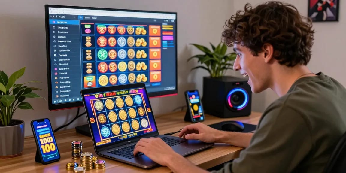Excited user engaging with slot bonus new member 100 on laptop, vibrant casino graphics.