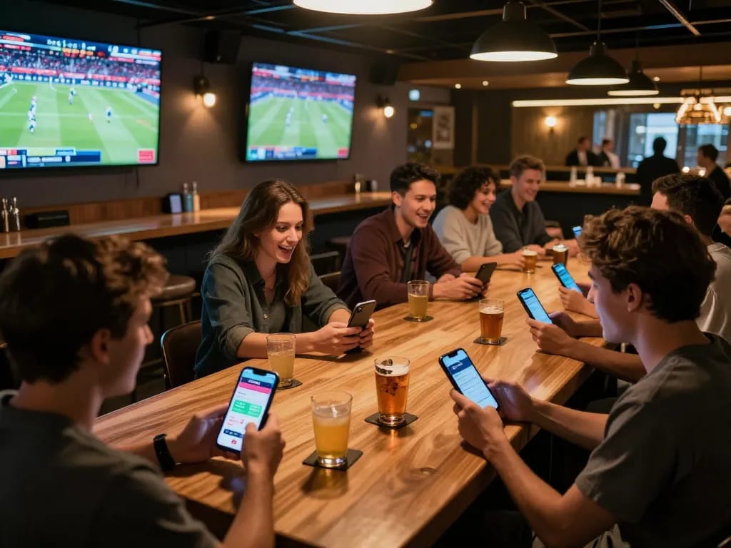 Patrons engaging in exciting sports betting using the DEWAGG app at a vibrant sports bar.