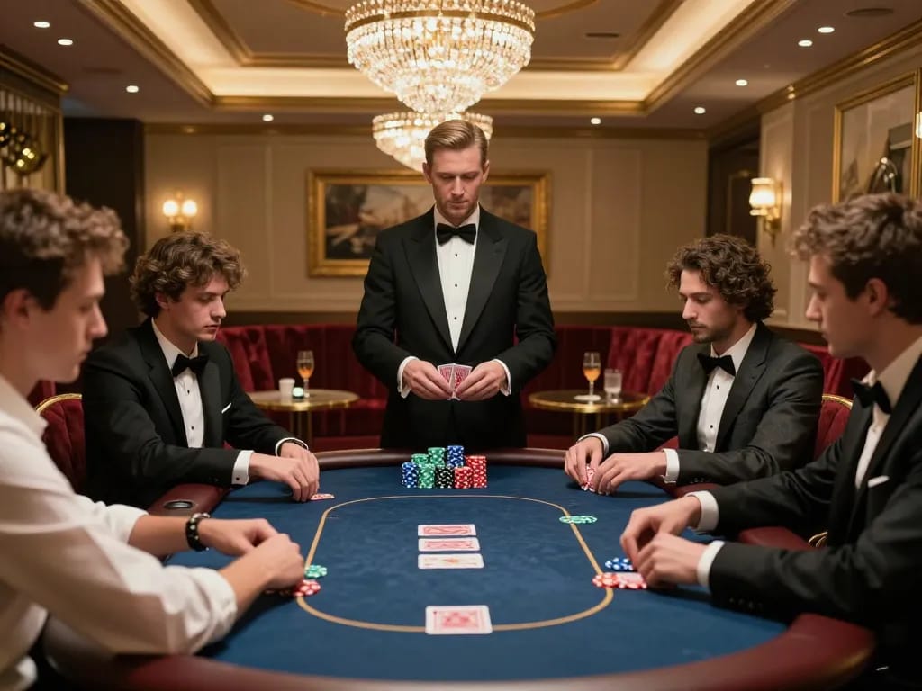 High-stakes poker game at 32win's VIP room with players and dealer showcasing intense gameplay.