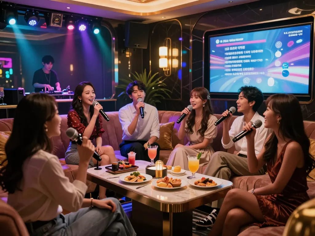 다채로운 장식과 칵테일을 즐기는 친구들이 있는 강남퍼펙트 노래방에서의 흥미진진한 밤.