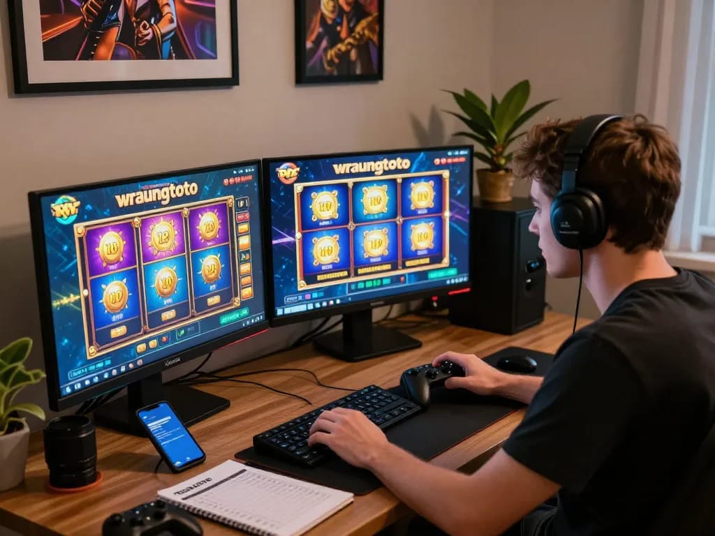 Engaging online gambling experience on wraungtoto platform featuring colorful digital slot machines and strategic analysis tools in a cozy home office.