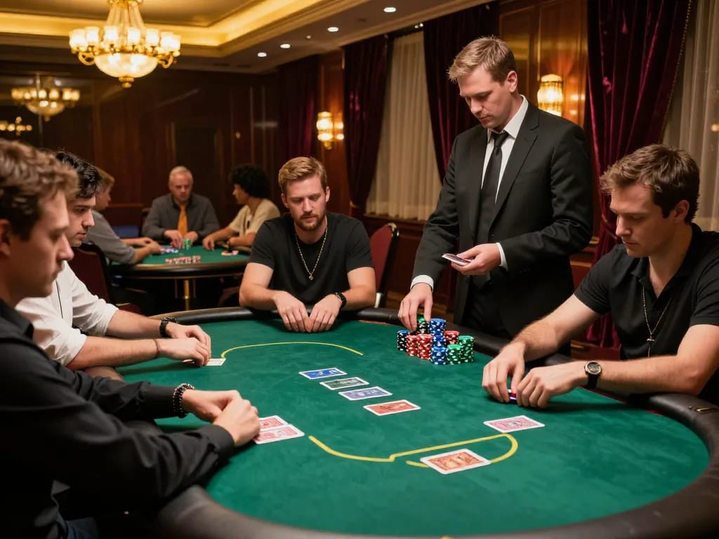 Players strategizing during an intense poker game at da88 casino, showcasing competitive atmosphere and high stakes.