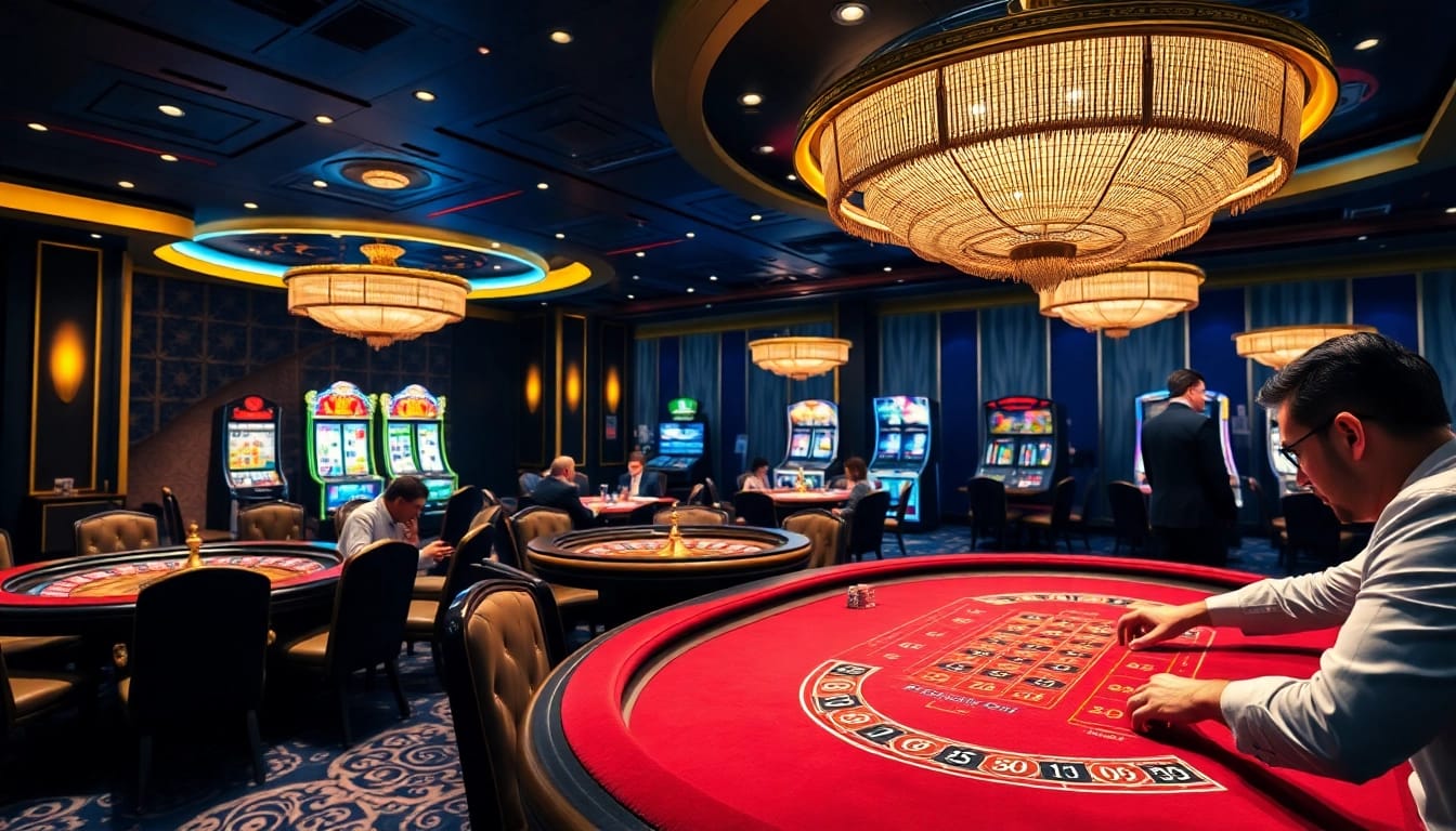 Joueurs engagés en train de développer des stratégies à une table de poker de casino en ligne avec des jetons et des cartes vibrants.
