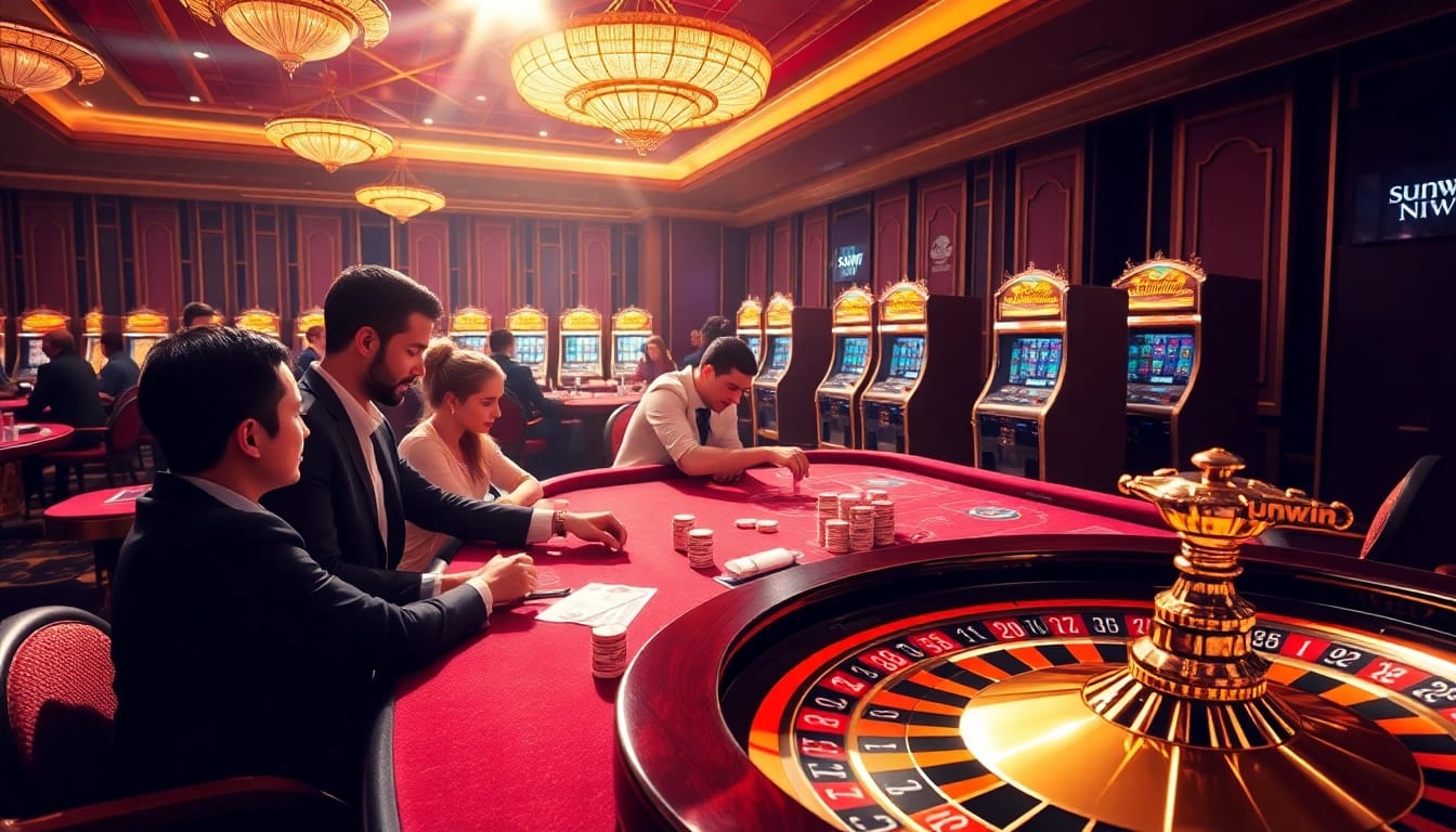 Players experience sunwin excitement at a luxurious casino table with vibrant chips and roulette wheel.